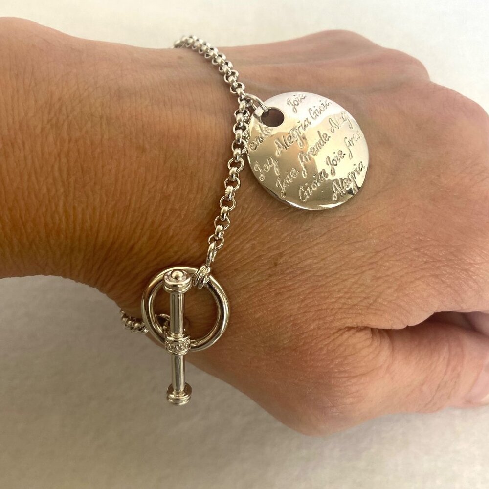 Sterling Silver 925 Engraved Joy Alegria Joie Gioja Rolo Chain Bracelet 7.25"